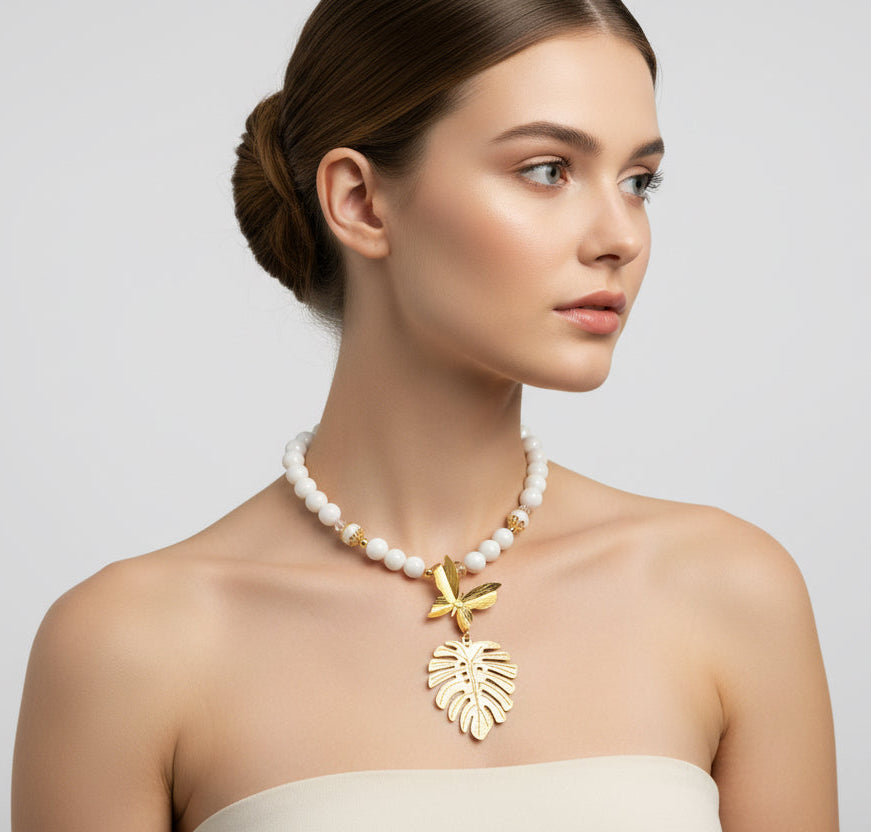 Statement Butterfly & Leaf Necklace – Handmade 24K Gold Plated Bronze Pendant