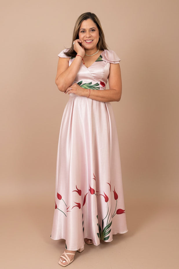 Blush Pink Floral Maxi Dress – Elegant Botanical Print Long Dress for Women