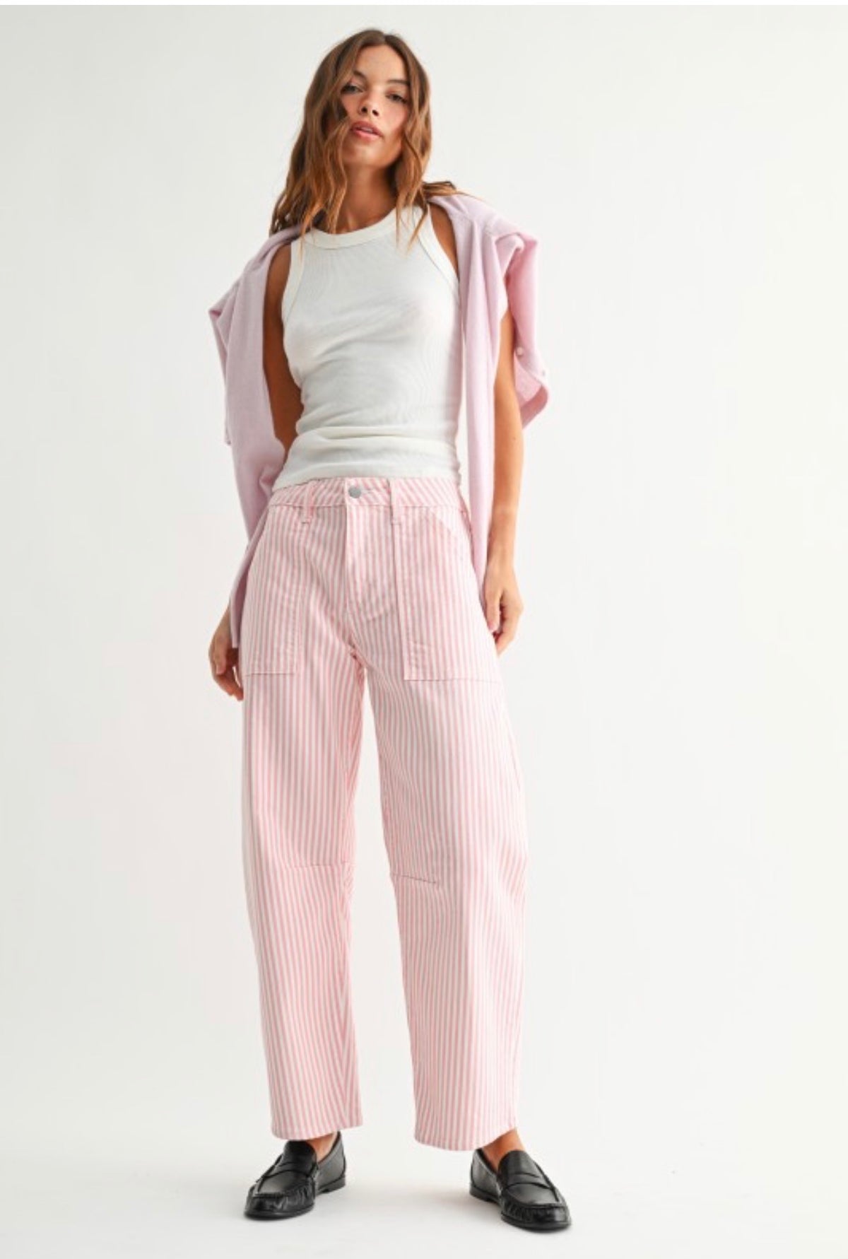 Pink Striped High Waist Pants – Chic Straight Leg Summer Trousers for Women-Made in USA