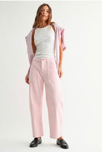 Pink Striped High Waist Pants – Chic Straight Leg Summer Trousers for Women-Made in USA