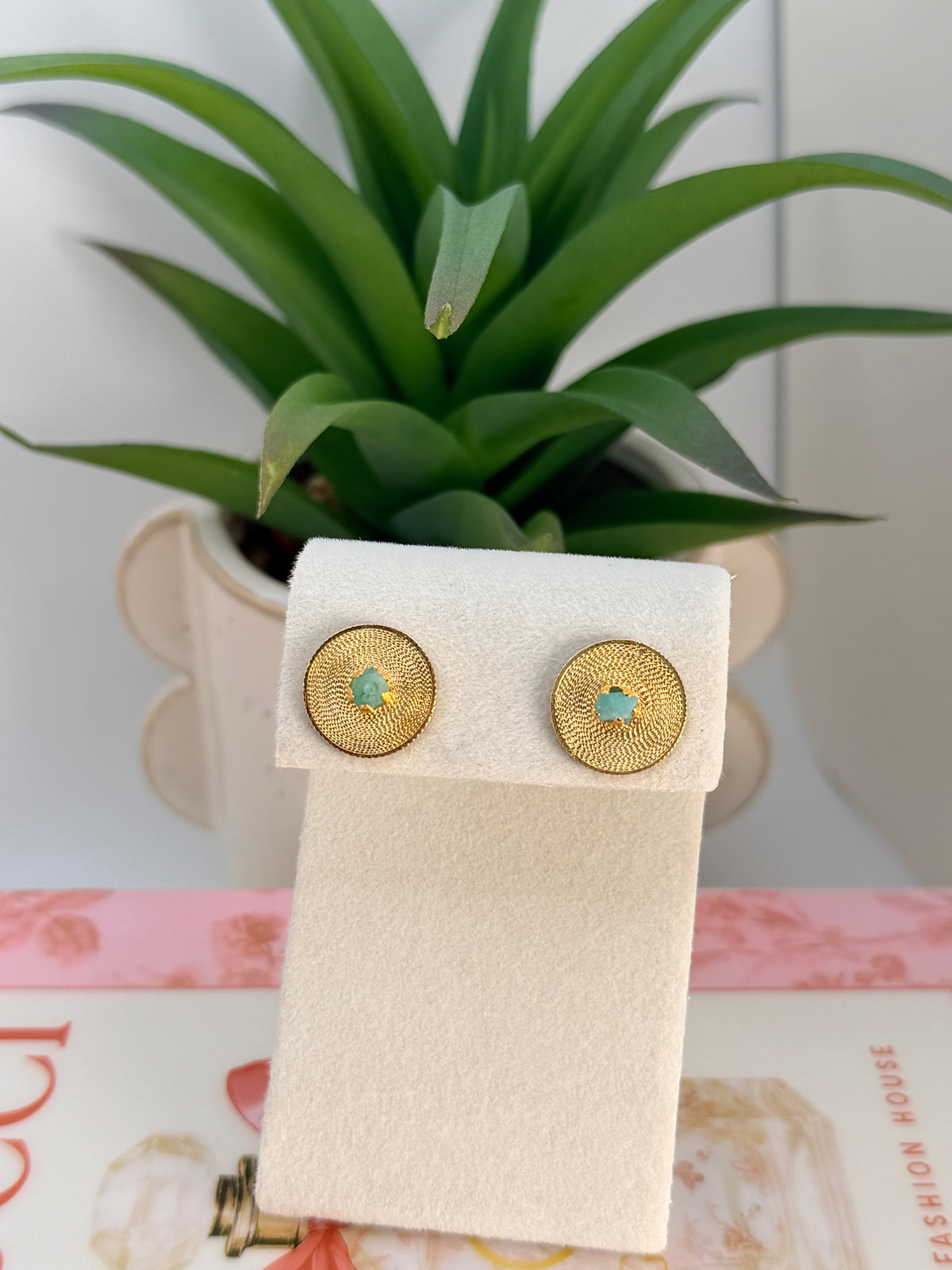 Handmade Filigree Earrings with Raw Emerald – 24K Gold Plated Bronze