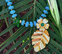 Turquoise Beaded Statement Necklace with Gold Flower & Leaf Pendant