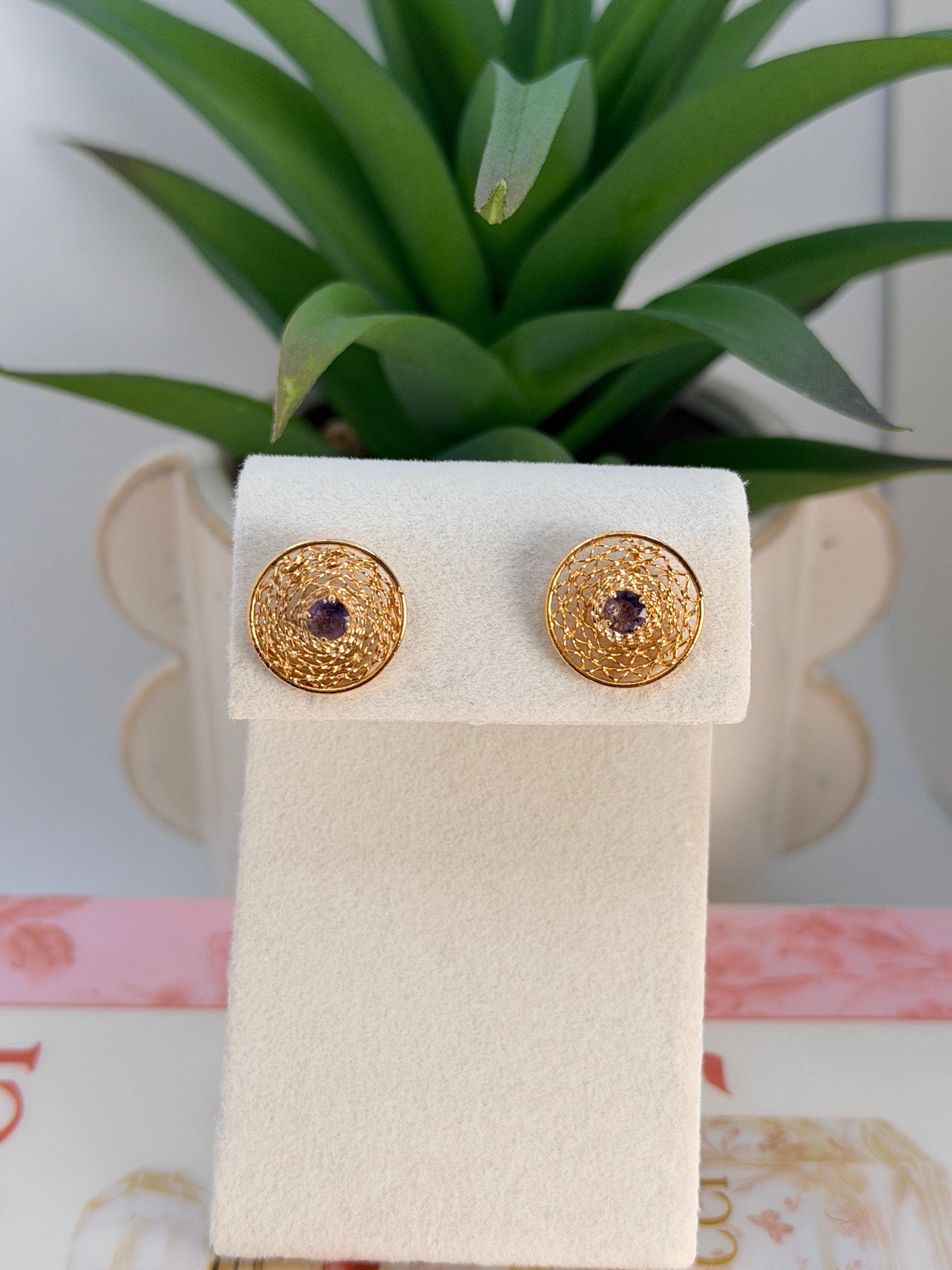 Handmade Filigree Earrings with Purple Stone – 24K Gold Plated Bronze