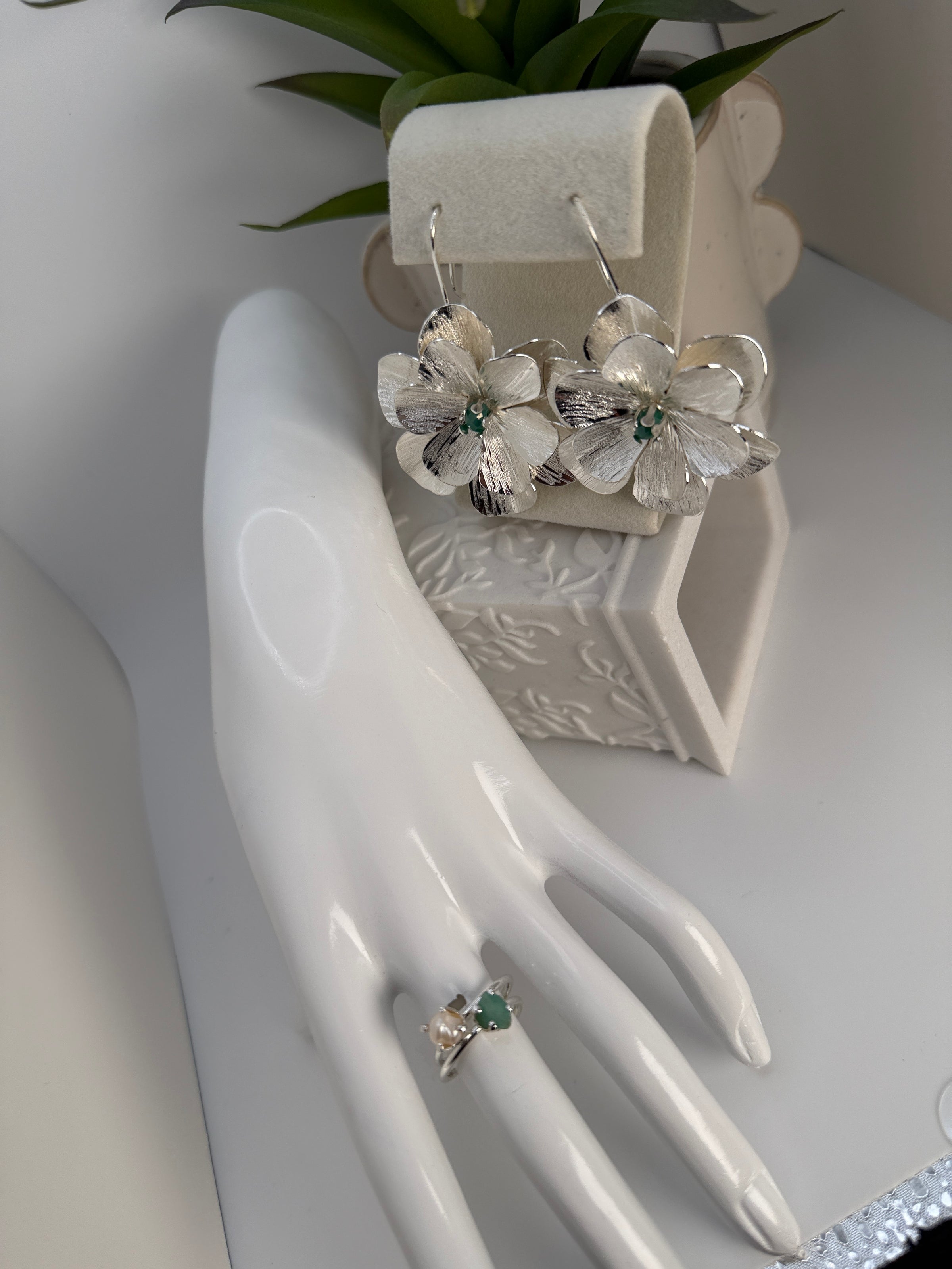 Silver Flower Statement Earrings with Raw Emerald – Handmade Artisan Floral Earrings