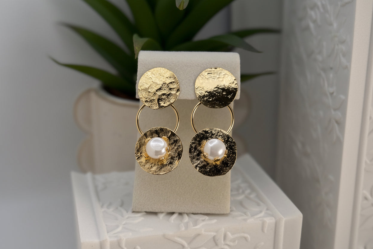 24K Gold Plated Pearl Drop Earrings – Handmade Textured Statement Earrings for Women