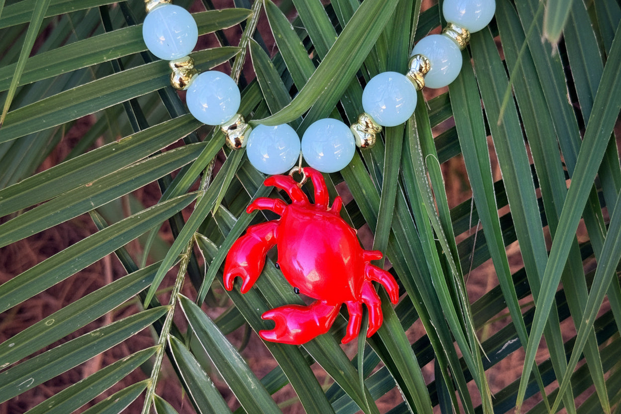 Red Crab Charm Beaded Necklace – Artisan Statement Necklace with Blue Beads