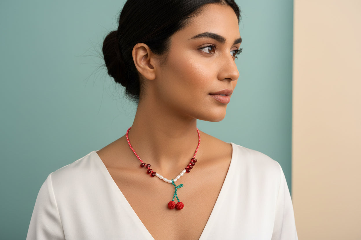 Handmade Beaded Cherry Necklace – Red & White Statement Necklace