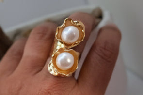 Handcrafted Gold Plated Floral Bracelet – 24K Gold Plated Bronze Pearl Cuff