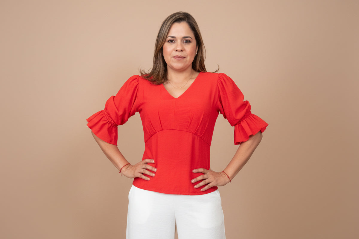 Red V-Neck Ruffle Sleeve Blouse – Feminine Elegant Top for Women