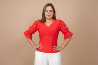 Red V-Neck Ruffle Sleeve Blouse – Feminine Elegant Top for Women