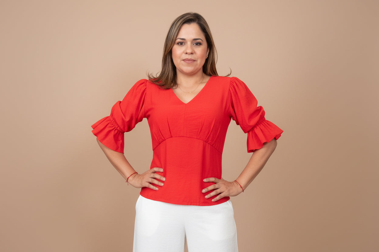 Red V-Neck Ruffle Sleeve Blouse – Feminine Elegant Top for Women