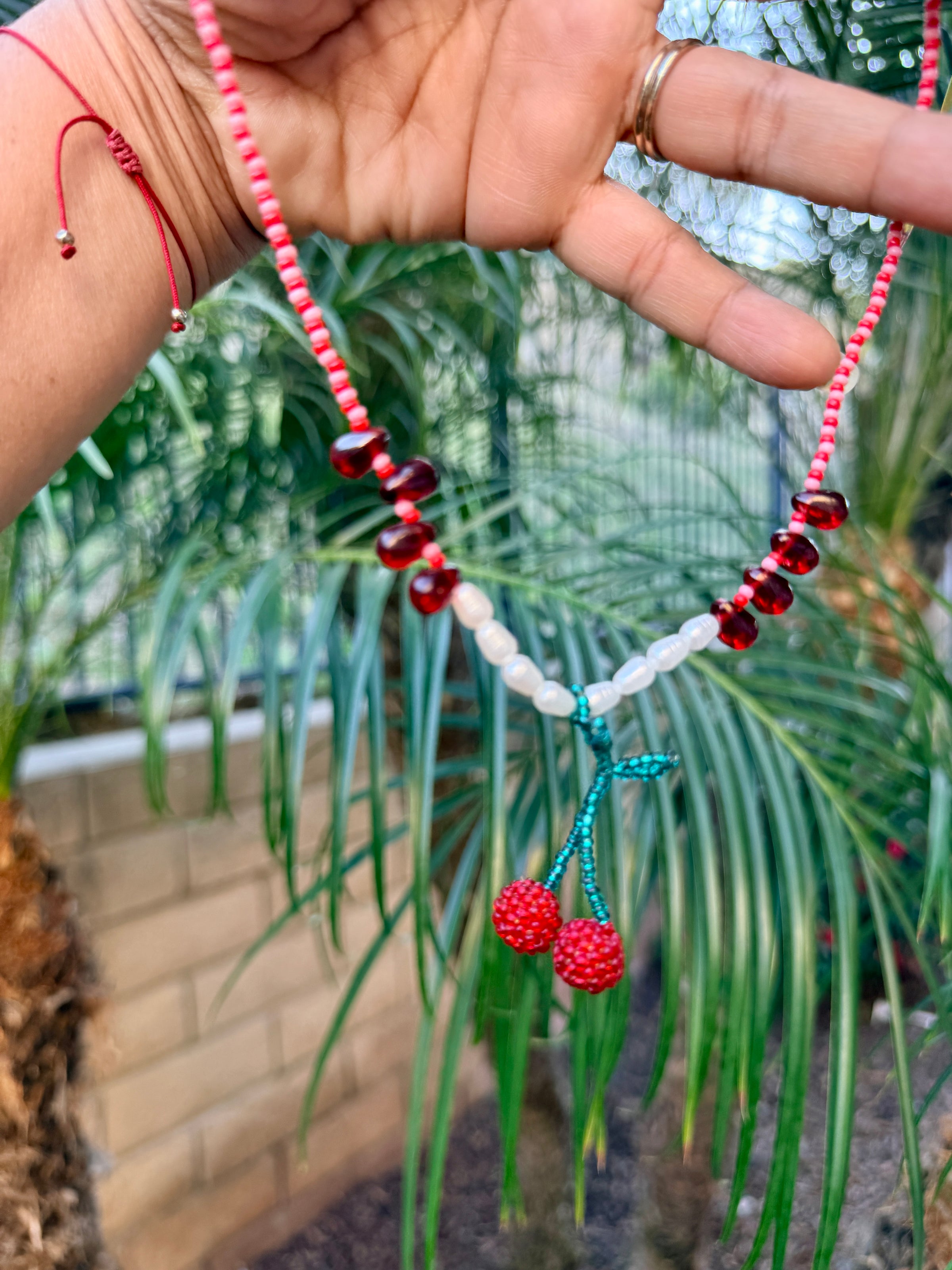 Handmade Beaded Cherry Necklace – Red & White Statement Necklace
