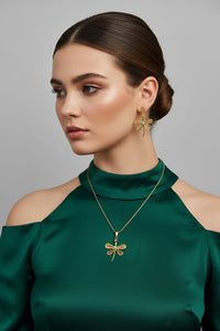 Gold Dragonfly Jewelry Set with Raw Emerald (Murralla) or Raw Diamond – Handmade Filigree Set