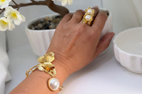 Handcrafted Gold Plated Floral Bracelet – 24K Gold Plated Bronze Pearl Cuff
