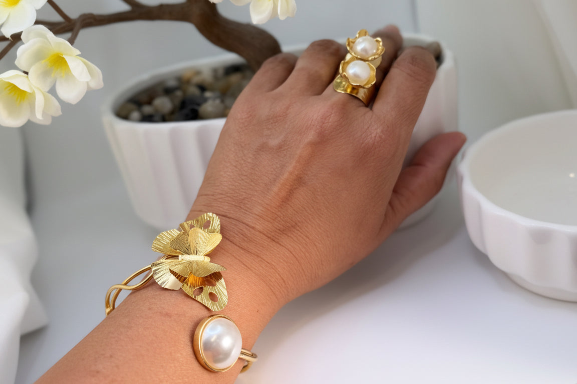 Handcrafted Gold Plated Floral Bracelet – 24K Gold Plated Bronze Pearl Cuff