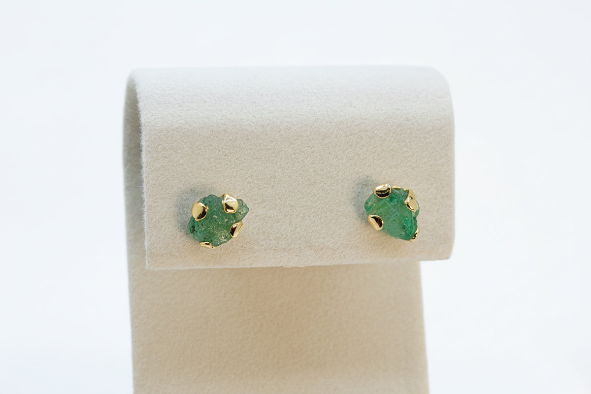 Raw Emerald Stud Earrings – Natural Emerald 24 K Gold Plated Minimalist Jewelry
