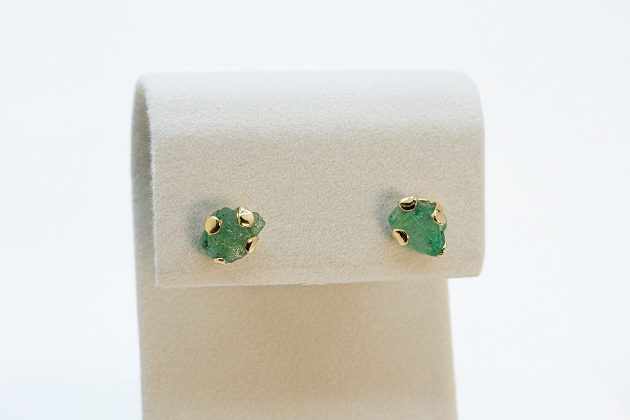 Raw Emerald Stud Earrings – Natural Emerald 24 K Gold Plated Minimalist Jewelry