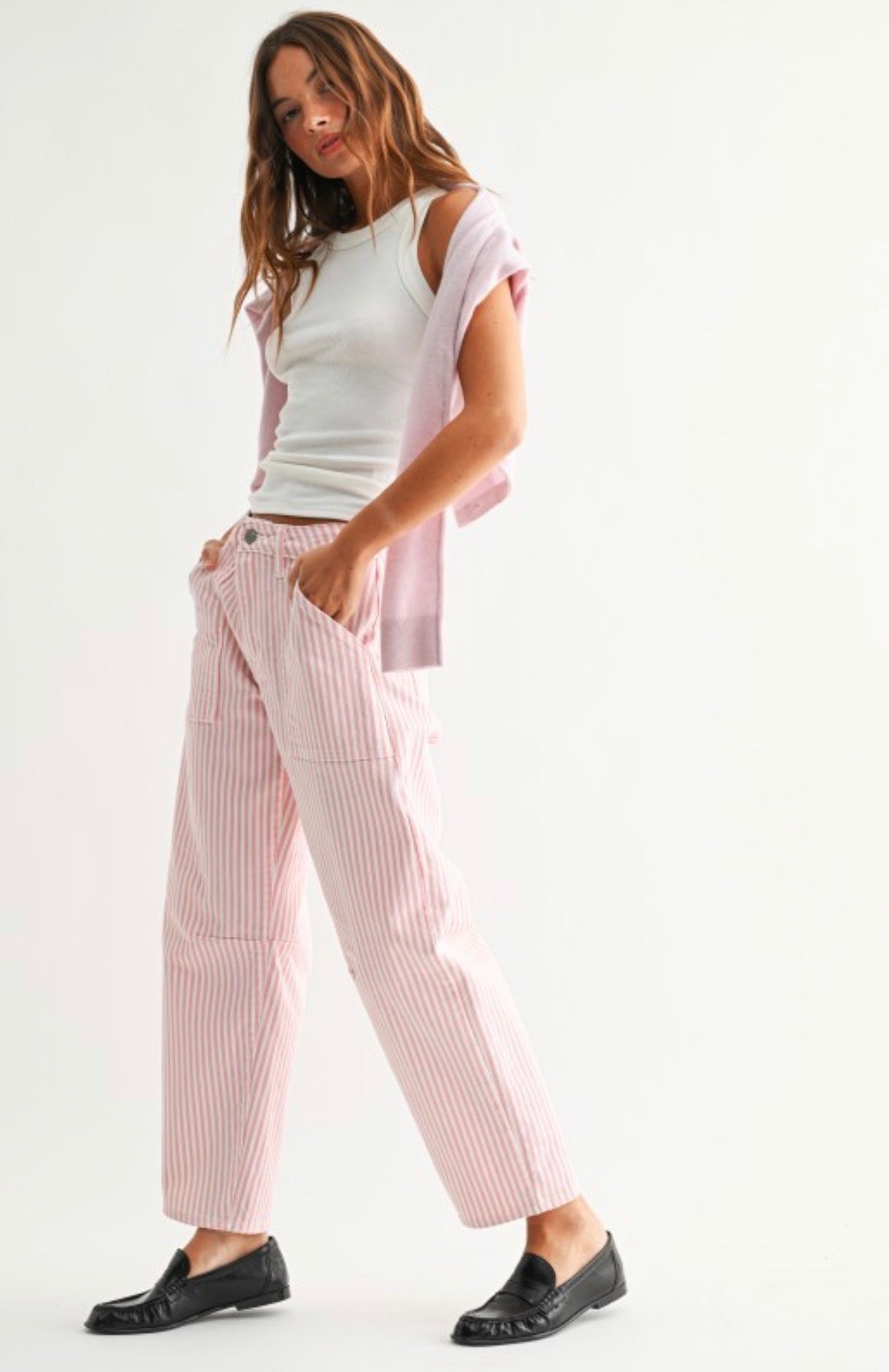 Pink Striped High Waist Pants – Chic Straight Leg Summer Trousers for Women-Made in USA
