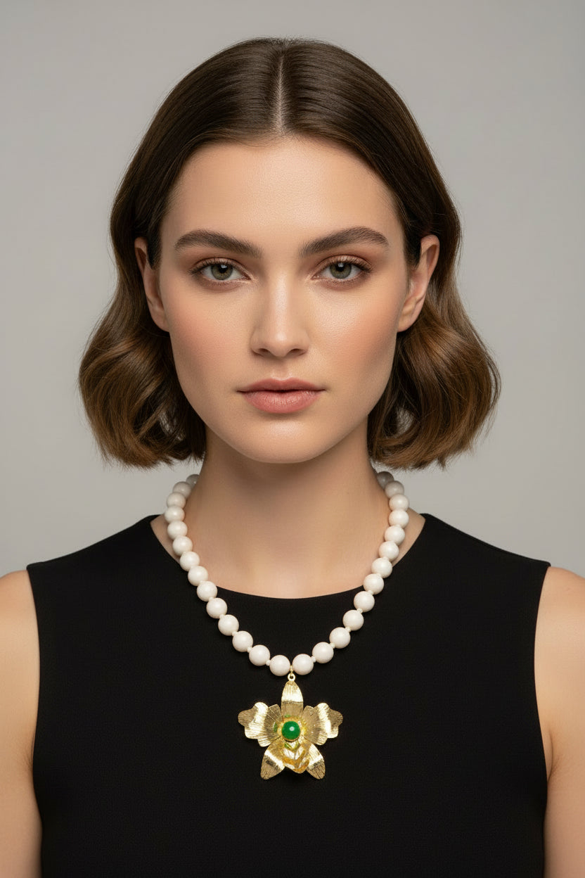 White Beaded Necklace with Handcrafted Gold Flower Pendant – Artisan Statement Jewelry
