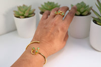 Adjustable Gold Bracelet & Ring Set – 24K Gold Plated Bronze with Raw Emerald (Murralla)