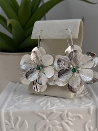 Silver Flower Statement Earrings with Raw Emerald – Handmade Artisan Floral Earrings