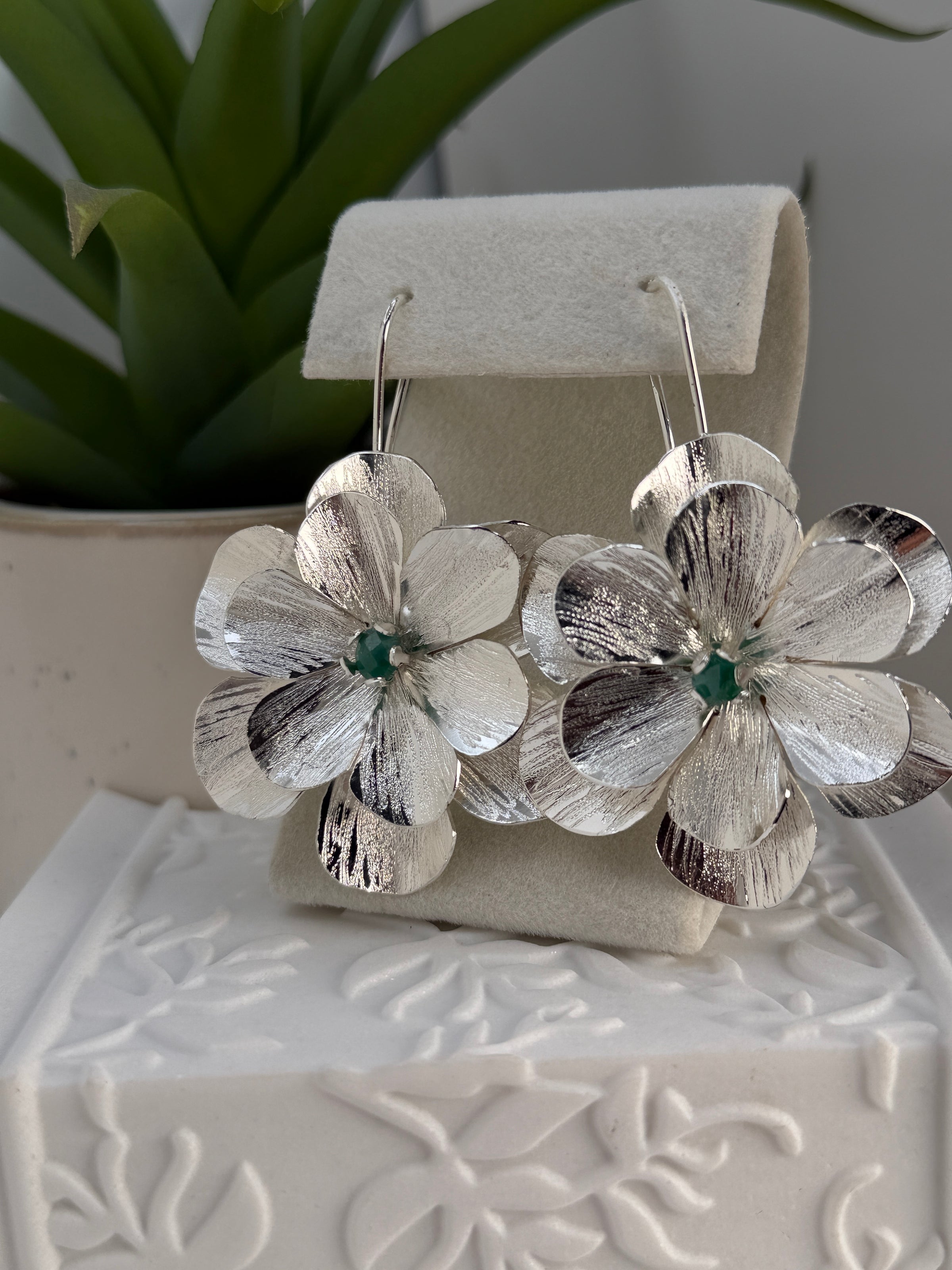 Silver Flower Statement Earrings with Raw Emerald – Handmade Artisan Floral Earrings