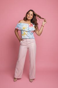 Floral ONE-Shoulder Ruffle Blouse with Striped Pants Set – Chic & Versatile Outfit