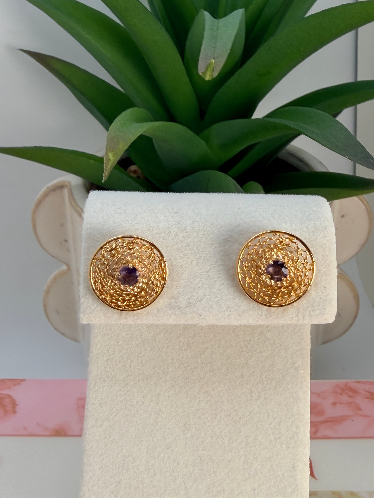 Handmade Filigree Earrings with Purple Stone – 24K Gold Plated Bronze