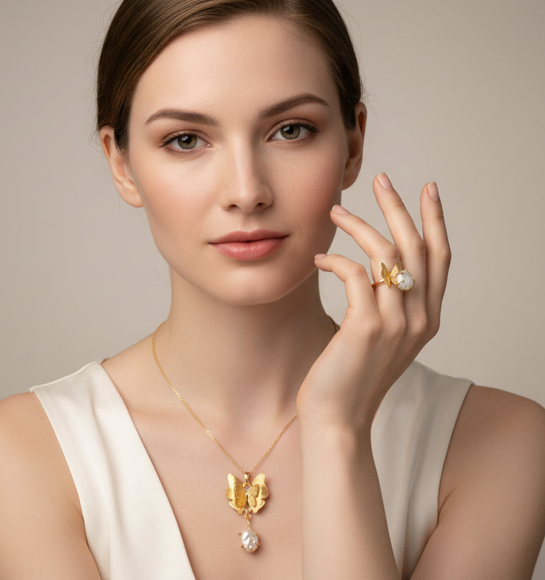 Butterfly Pearl Jewelry Set – 24K Gold Plated Bronze Necklace & Adjustable Ring