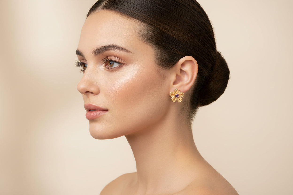Handmade Filigree Flower Earrings – 24K Gold Plated Bronze