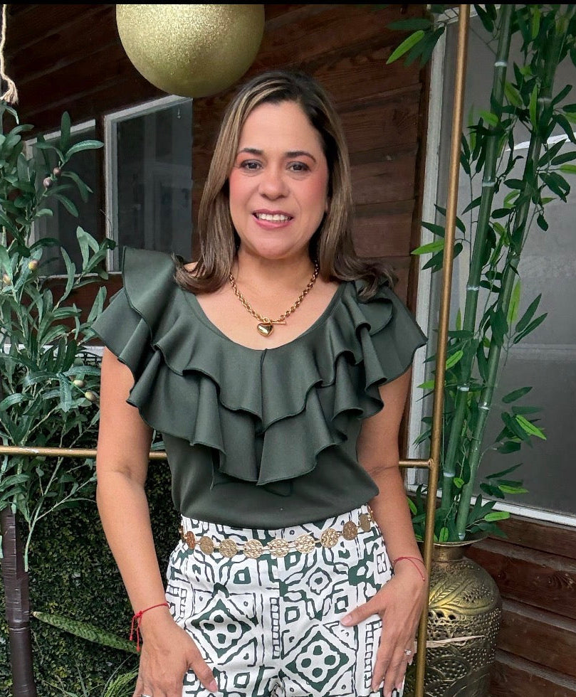 Olive Ruffle Blouse – Elegant Off-Shoulder Style Feminine Top