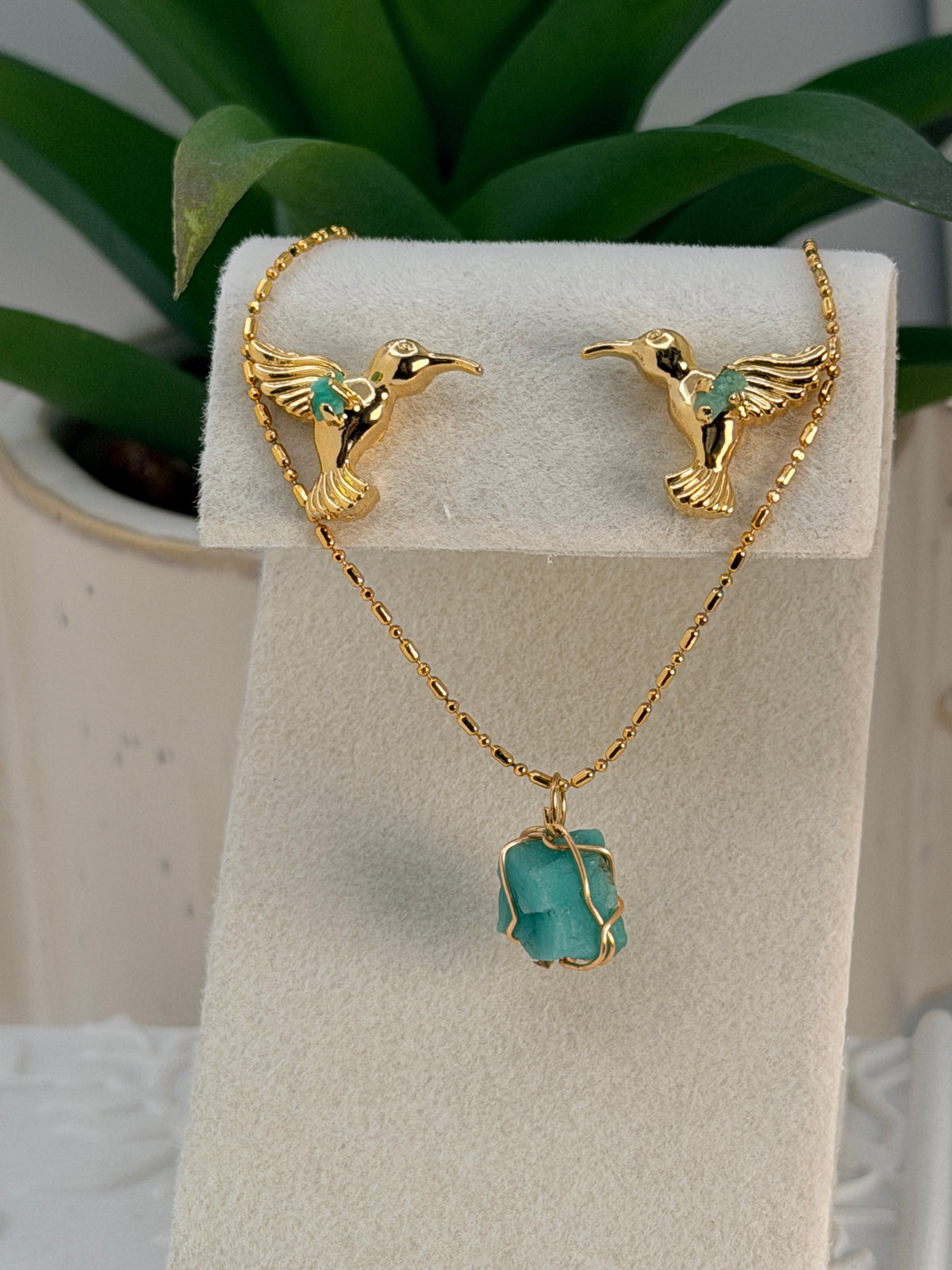 Gold Hummingbird Earrings with Raw Emerald – 24K Gold Plated Handmade Artisan Earrings