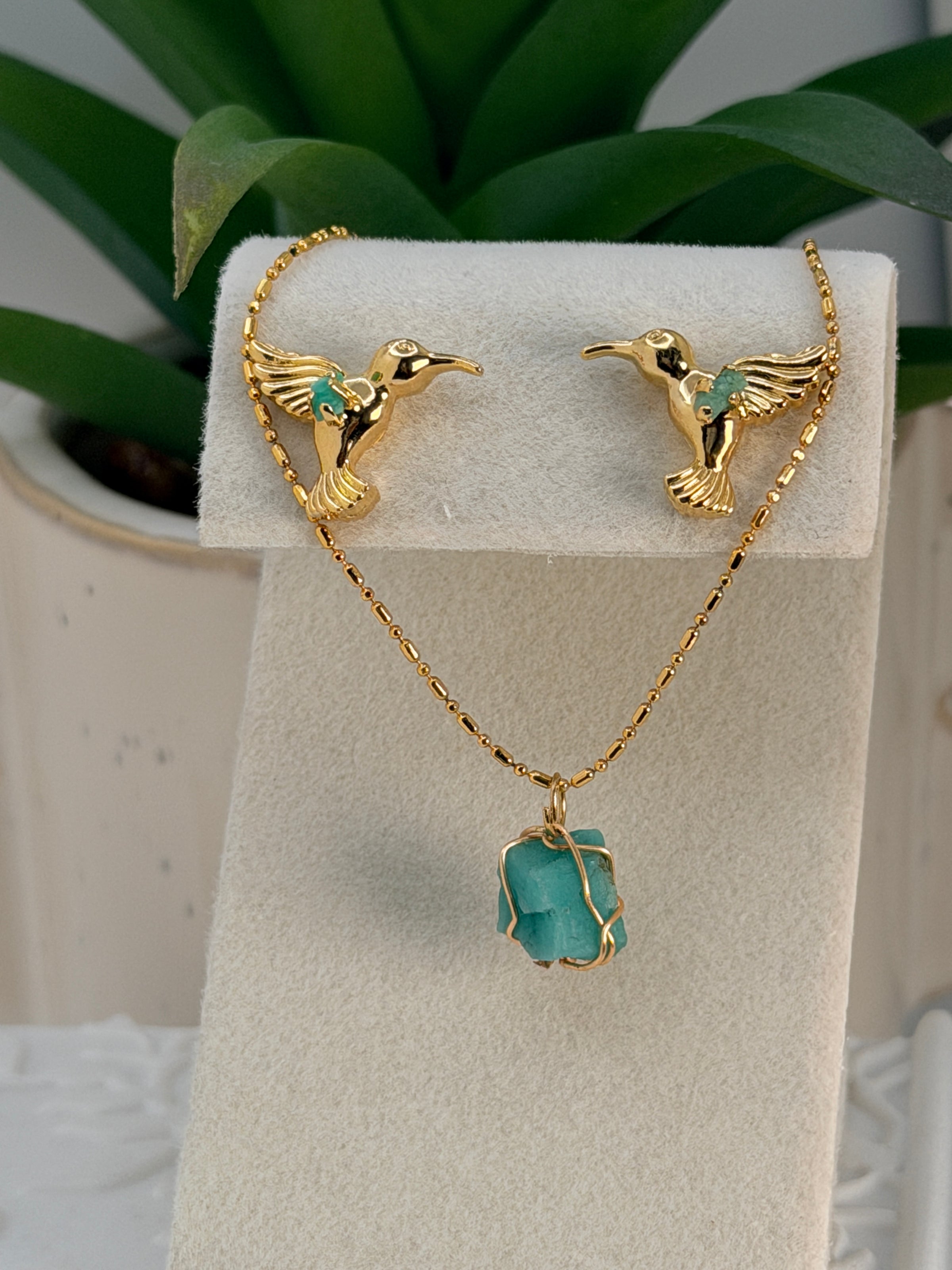 Gold Hummingbird Earrings with Raw Emerald – 24K Gold Plated Handmade Artisan Earrings