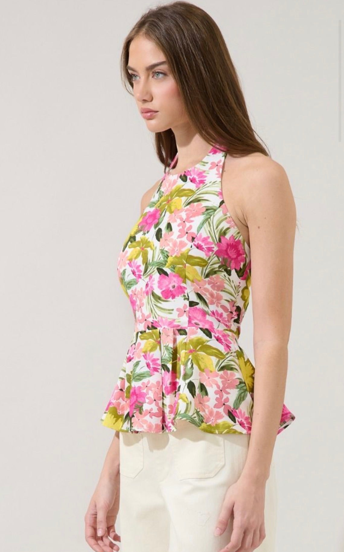 Floral Halter Peplum Top – Elegant Feminine Blouse for Women