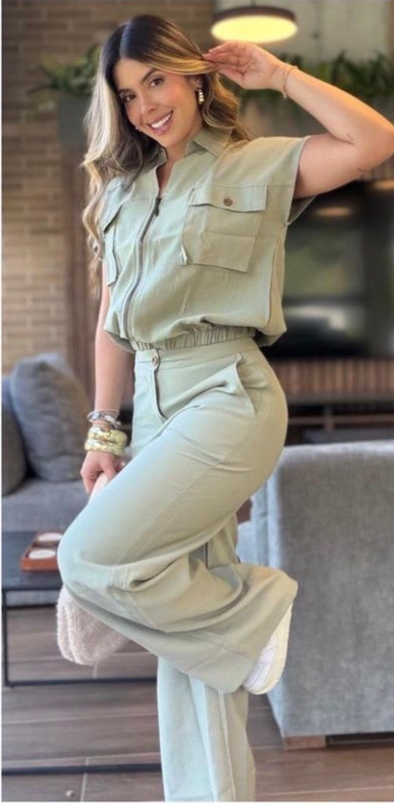 Sage Green Linen Matching Set – Sleeveless Zip Front Top & Cargo Pants for Women
