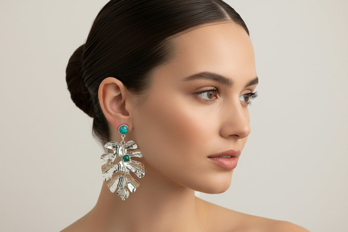 Silver Leaf Statement Earrings with Raw Emerald (Murralla) – Handmade Botanical Earrings
