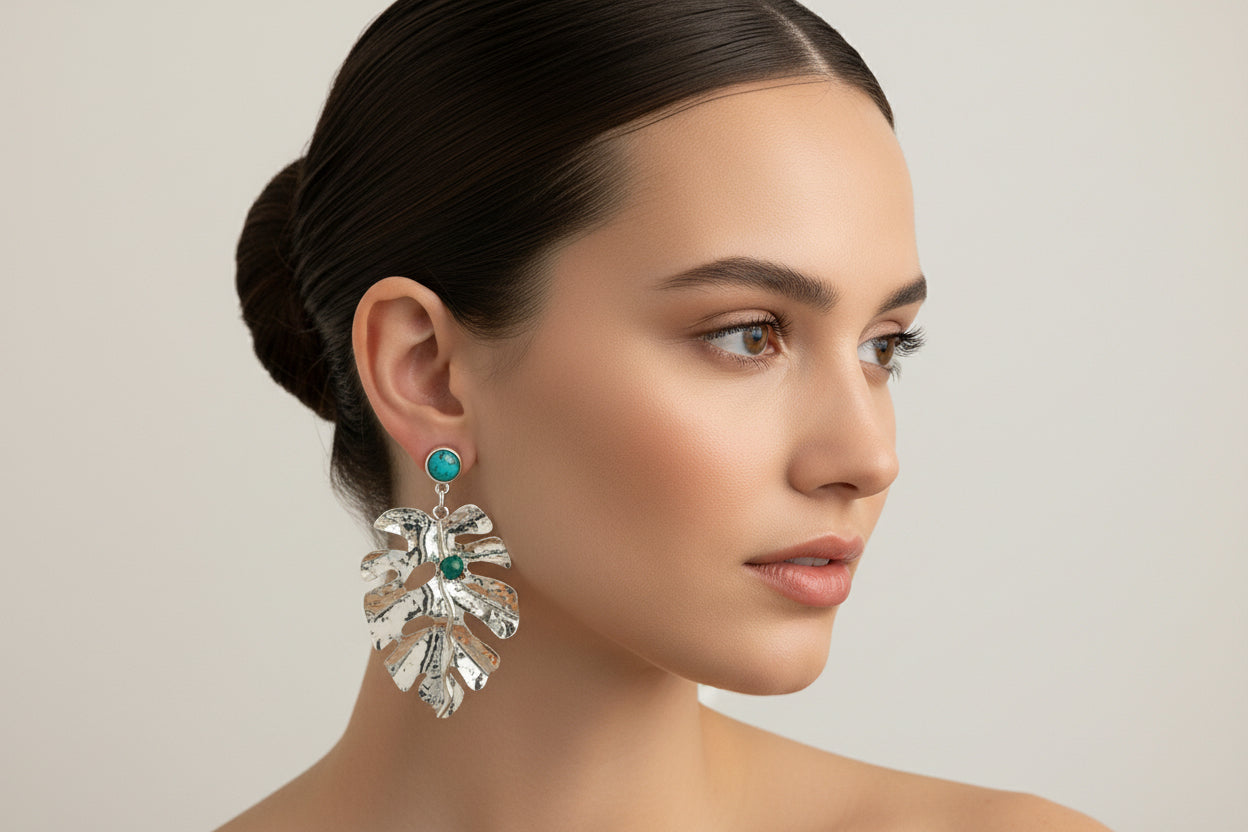 Silver Leaf Statement Earrings with Raw Emerald (Murralla) – Handmade Botanical Earrings