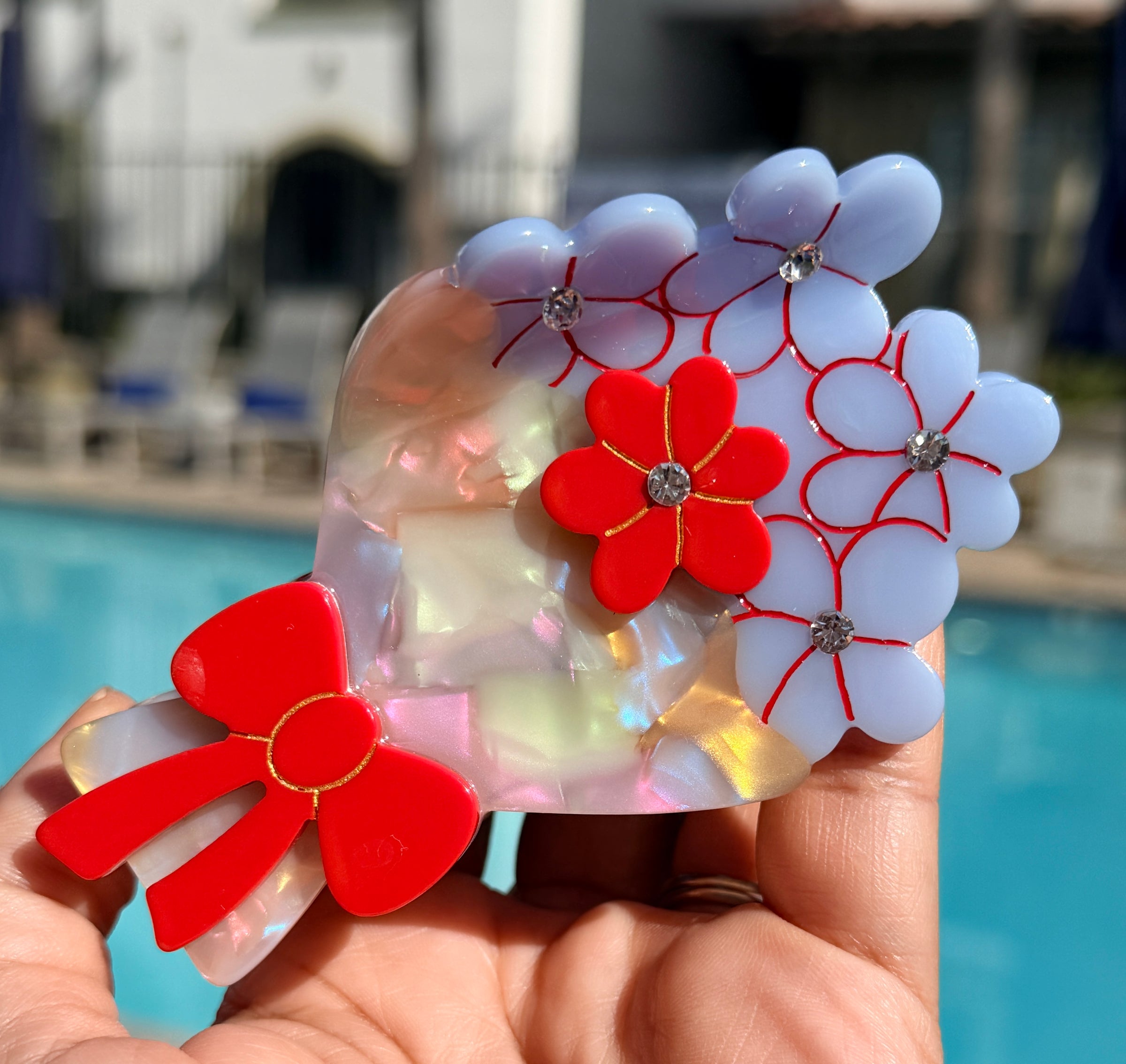 Floral Bow Hair Claw Clip – Iridescent Acrylic Hair Accessory with Rhinestones
