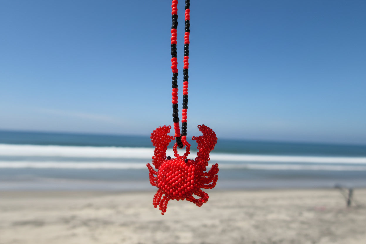 Handmade Red Beaded Crab Necklace – Artisan Statement Jewelry
