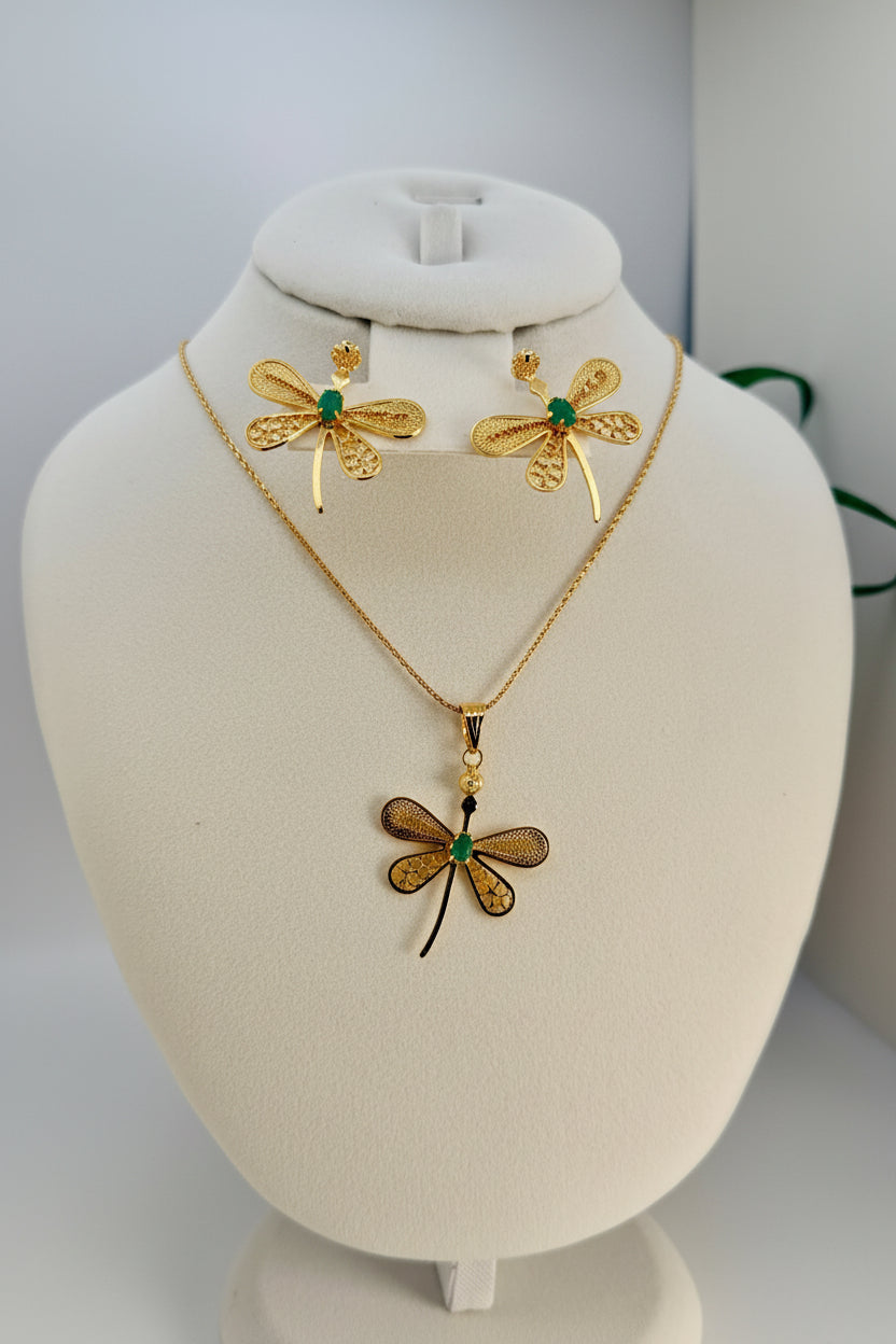 Gold Dragonfly Jewelry Set with Raw Emerald (Murralla) or Raw Diamond – Handmade Filigree Set