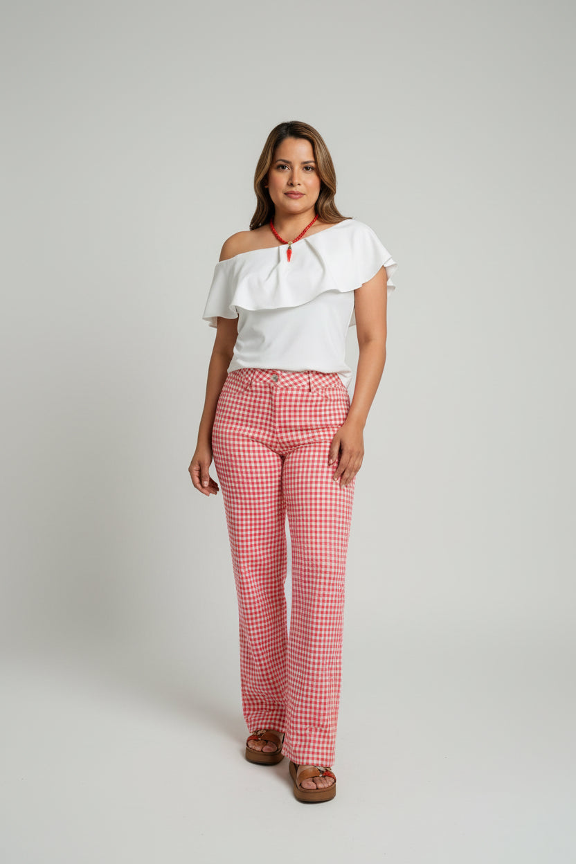 Red Gingham Wide Leg Pants – High Waisted | Runs True to Size