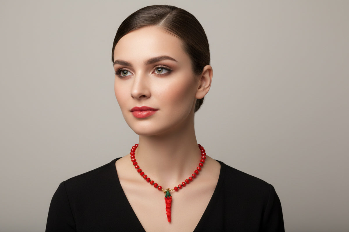 Murano Glass Beaded Necklace with Handmade Chili Pepper Pendant – Artisan Statement Necklace