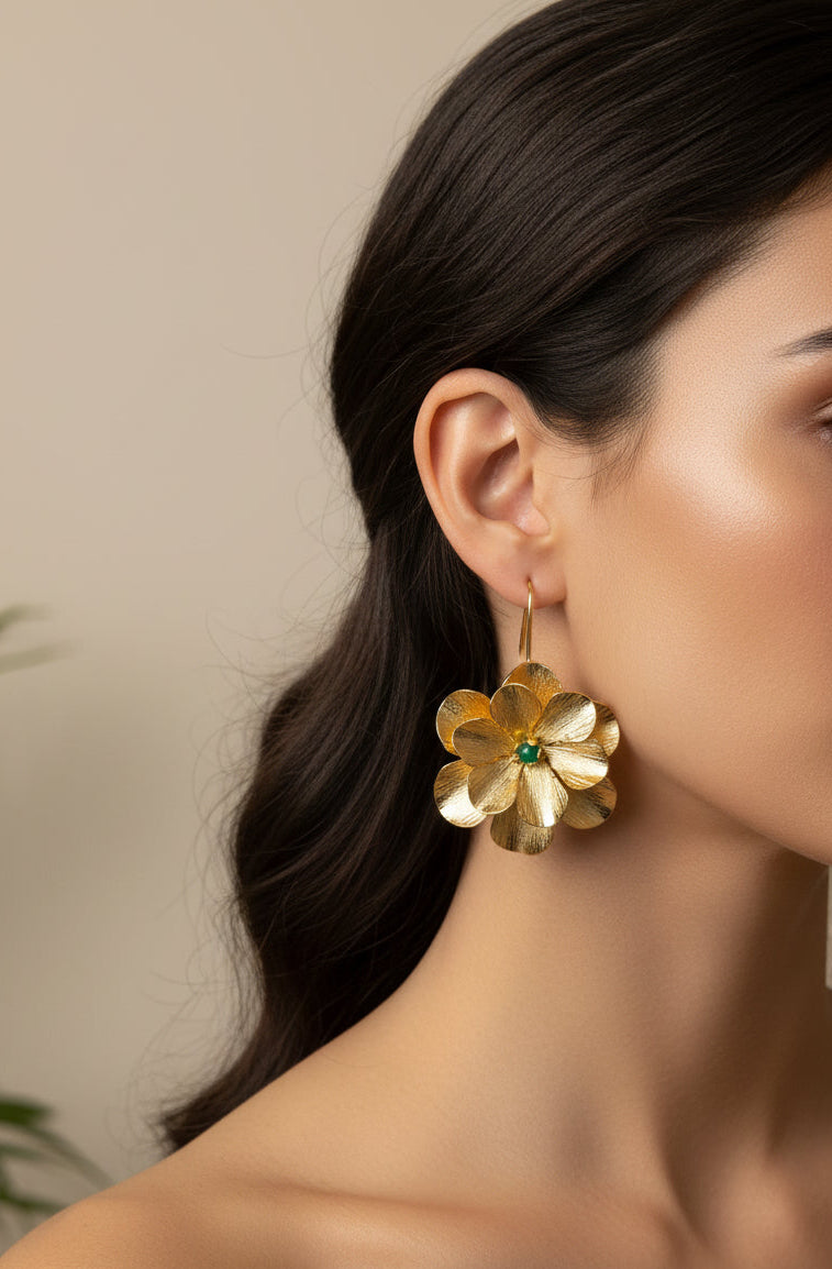 Handmade Gold Flower Earrings – 24K Gold Plated Bronze with Raw Emerald (Murralla)