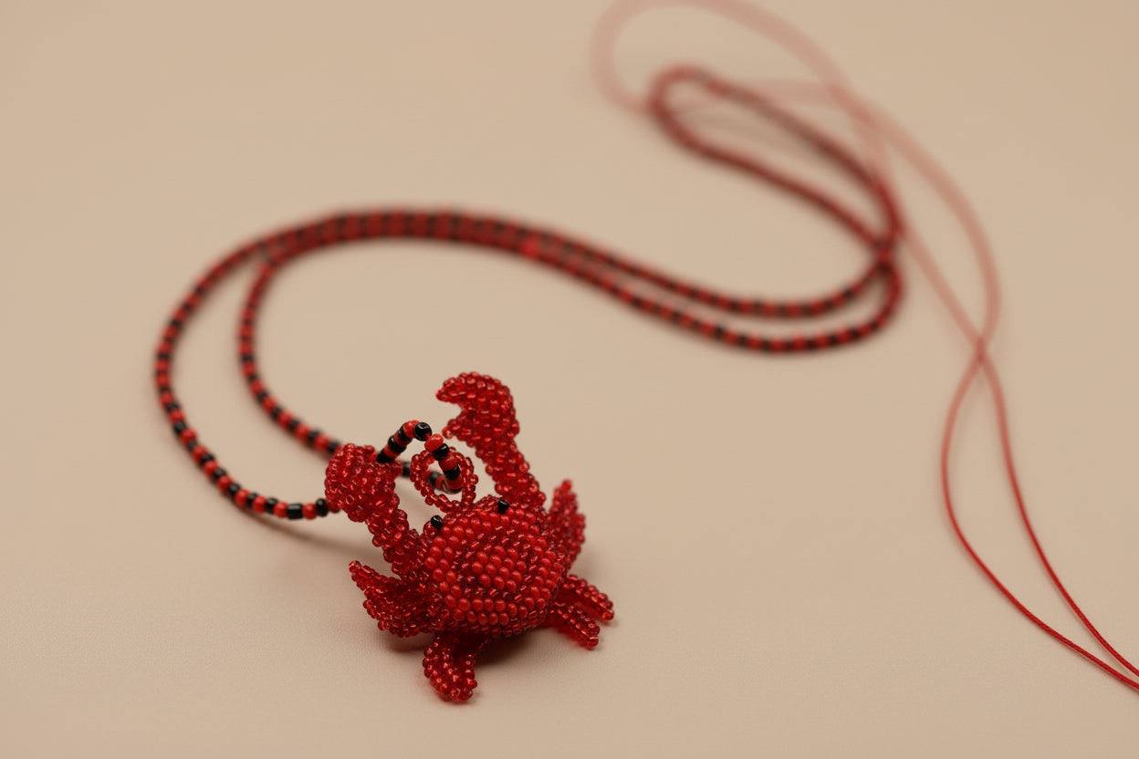 Handmade Red Beaded Crab Necklace – Artisan Statement Jewelry