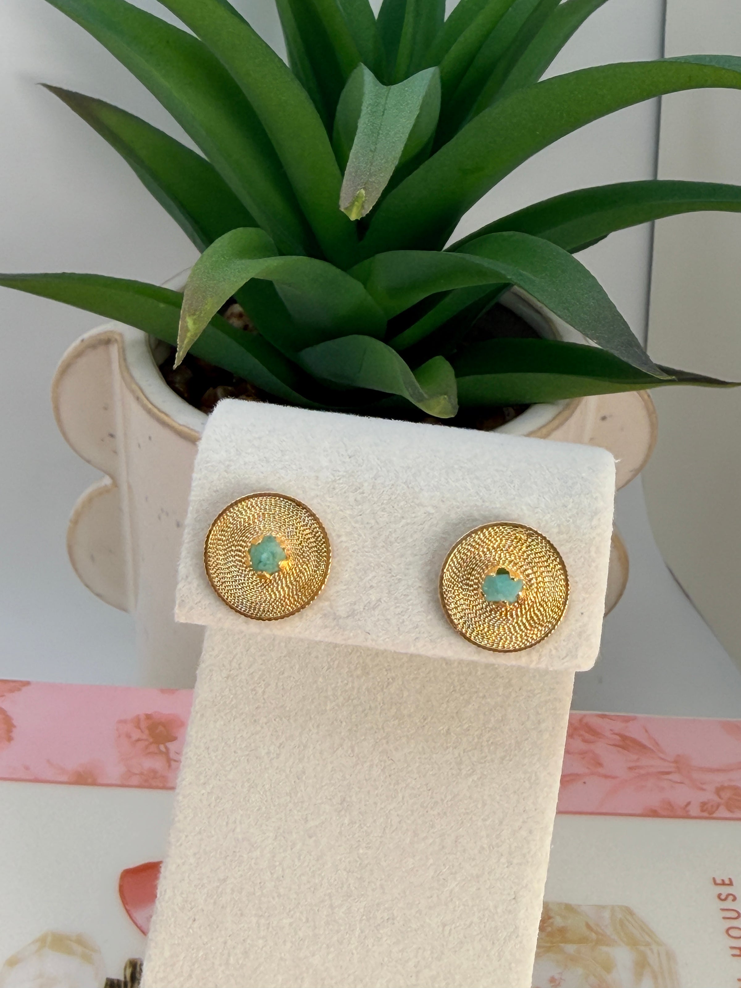 Handmade Filigree Earrings with Raw Emerald – 24K Gold Plated Bronze