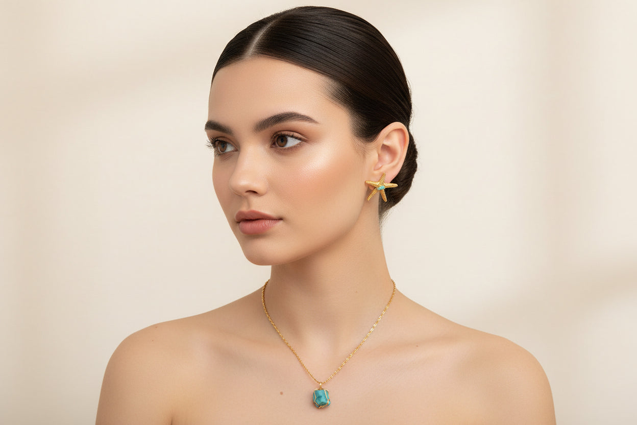 Gold Starfish Earrings with Raw Emerald (Murralla) – 24K Gold Plated Handmade Earrings