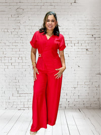 Red Matching Set for Women – Elegant Wrap Top & Wide-Leg Pants Set
