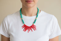 Coral Red Statement Necklace with Turquoise Beads | Handmade Artisan Jewelry