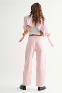 Pink Striped High Waist Pants – Chic Straight Leg Summer Trousers for Women-Made in USA