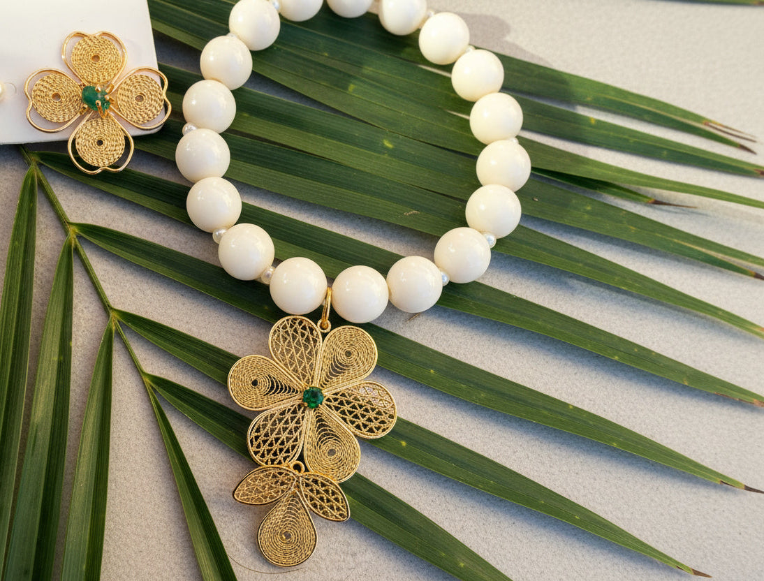 White Beaded Necklace with Handcrafted Filigree Flower Pendant – Artisan Jewelry